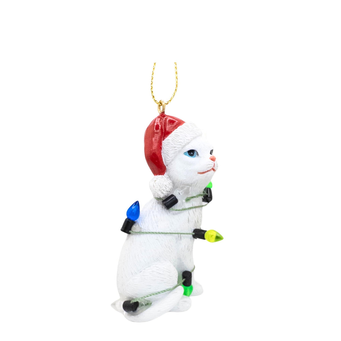 White Tabby Cat Christmas Tree Ornament with Santa Hat Wrapped in Christmas Tree Colored Lights