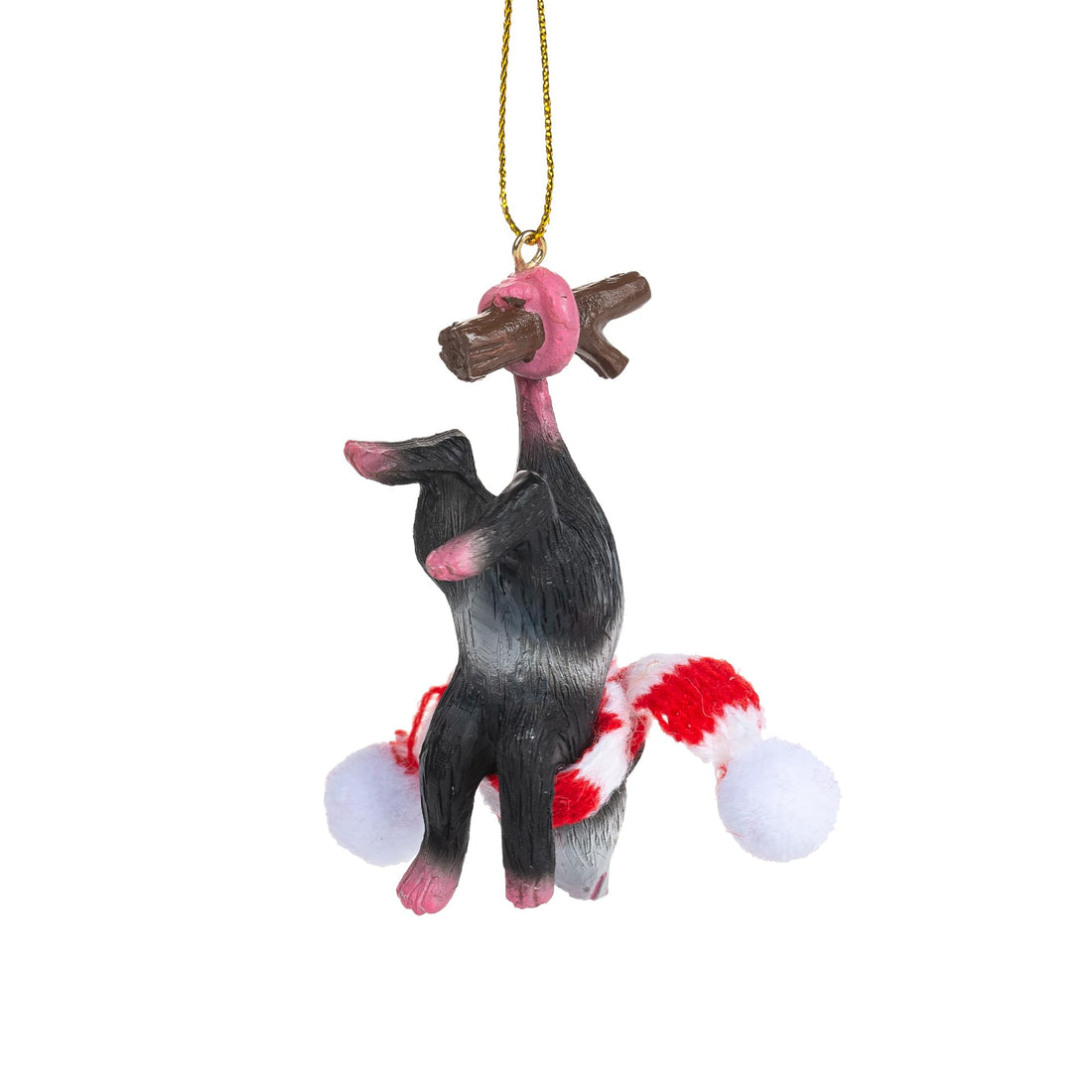Opossum Hanging Upside Down with Candy Cane Scarf Possum Christmas Tree Ornament