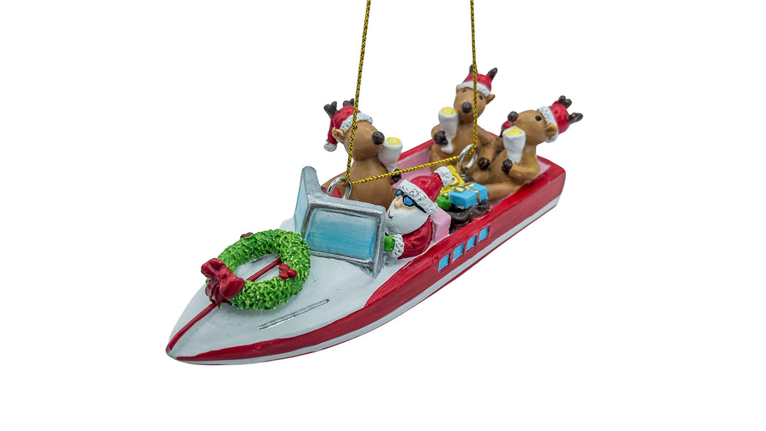 Speed Boat Santa and Reindeer Lake Party Boat Christmas Ornament