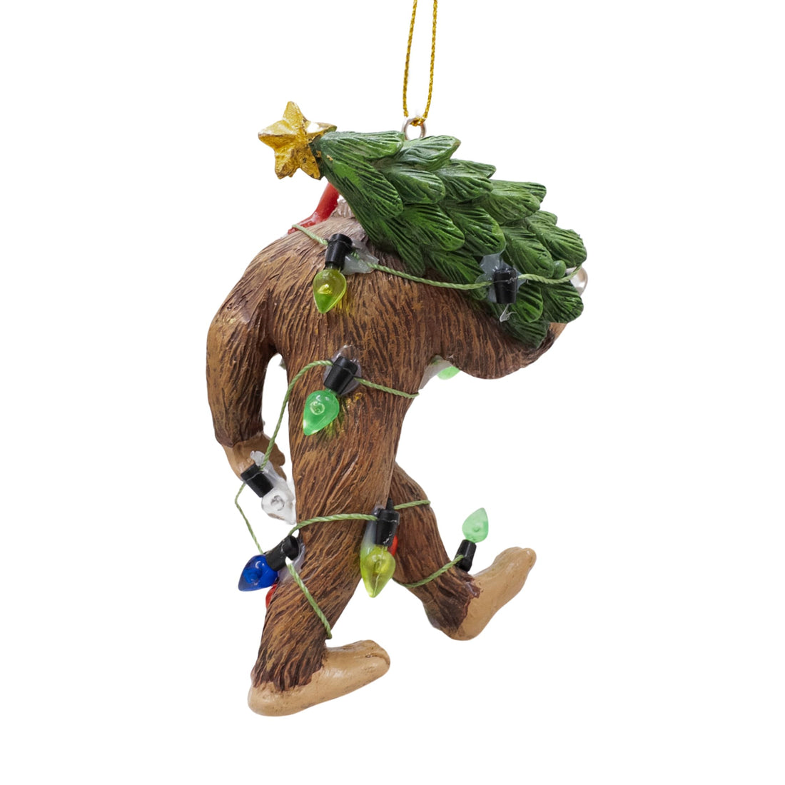 Ugly Bigfoot Wearing Santa Hat Walking with Tree Wrapped in Christmas Lights Sasquatch Funny Ornament