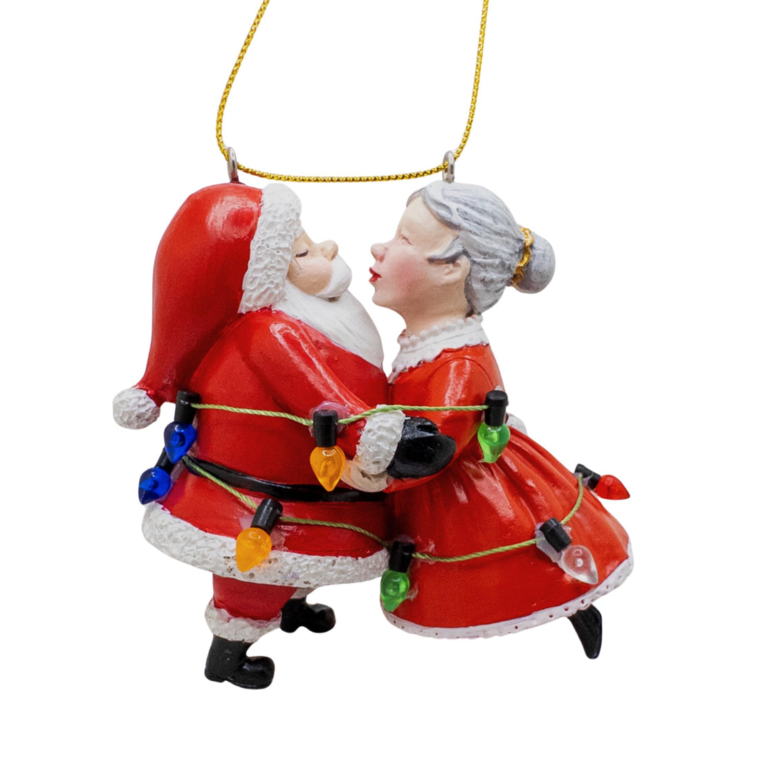 Santa and Mrs Claus Kissing Wrapped in Lights Christmas Tree Ornament