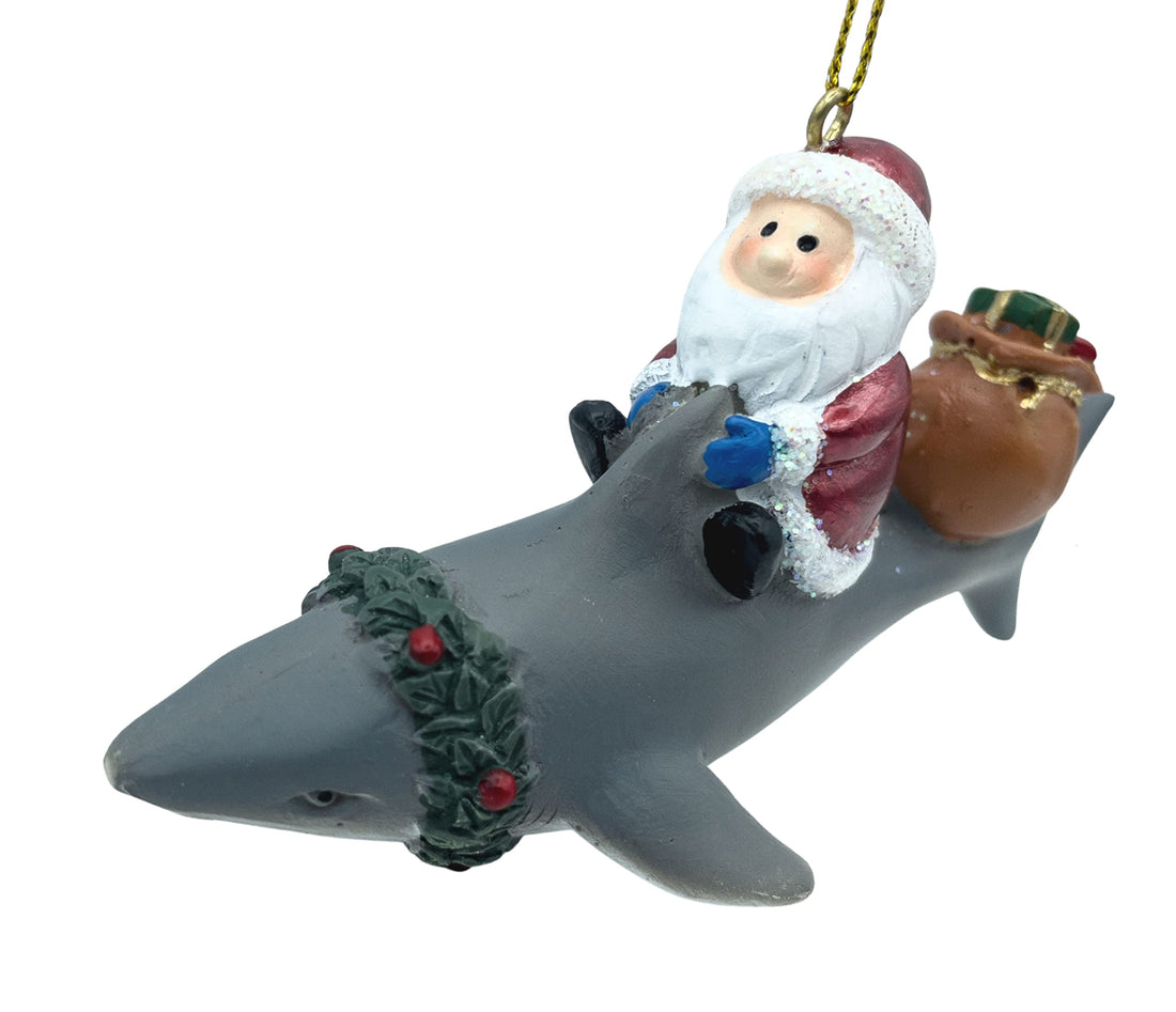 Santa Riding a Shark Delivering Bag of Presents Christmas Tree Ornament