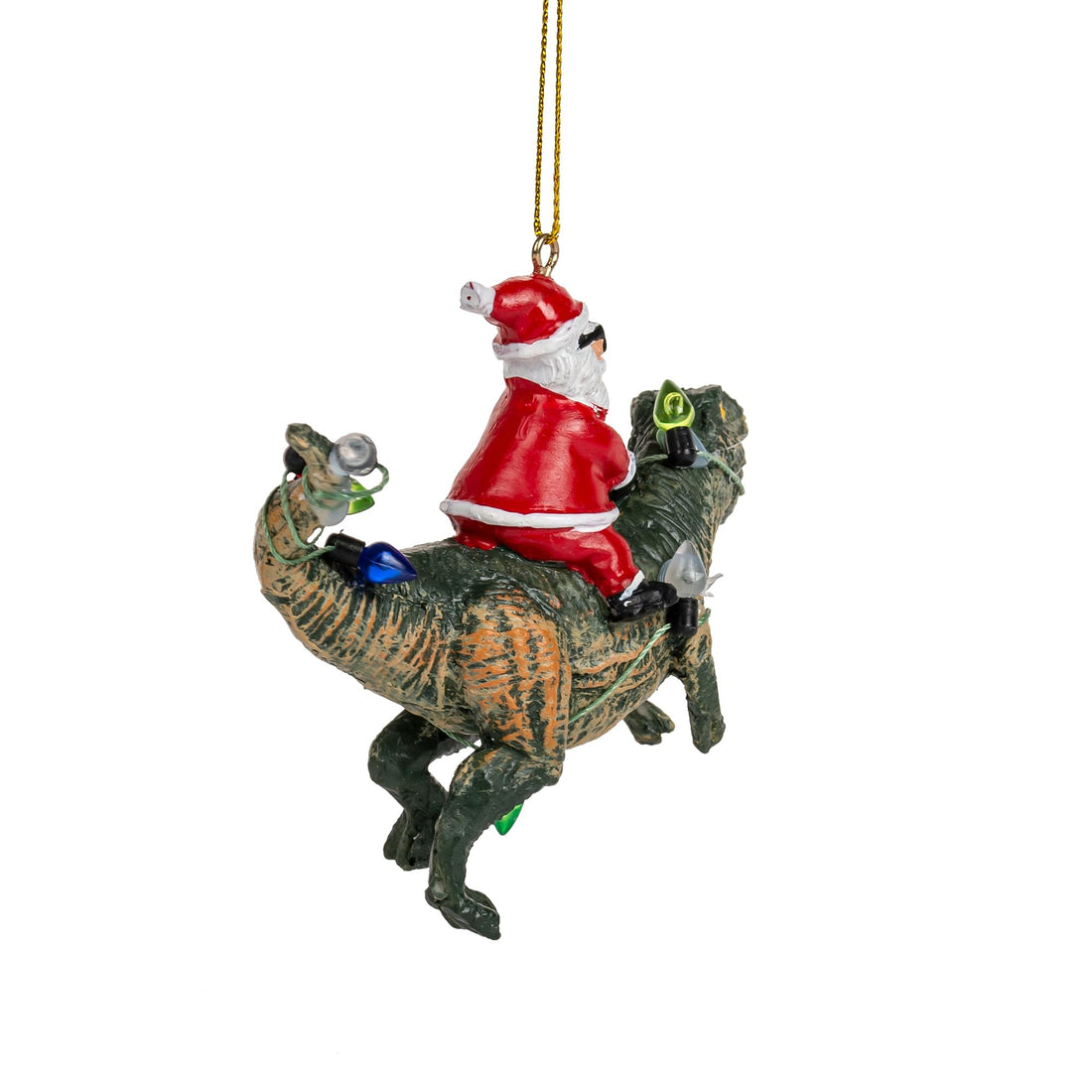 Santa Claus Riding a T Rex Dinosauer Wrapped in Lights Christmas Ornament for Kids