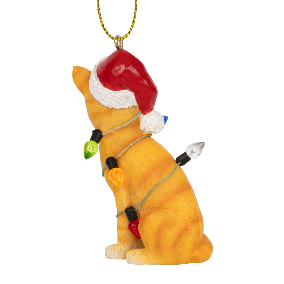 Orange Tabby Cat Christmas Tree Ornament with Santa Hat Wrapped in Christmas Tree Colored Lights