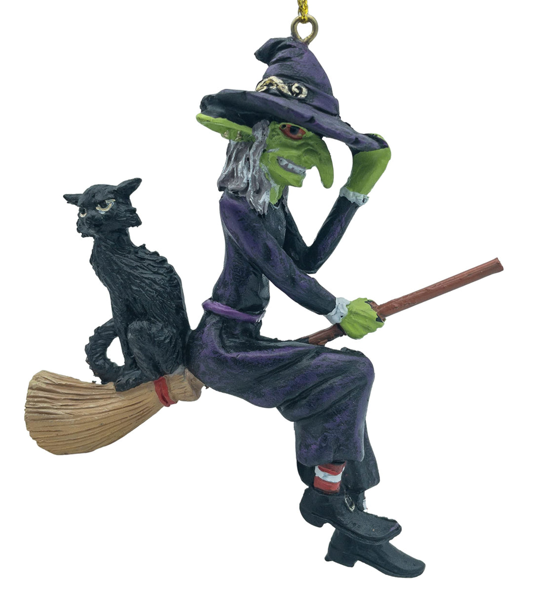 Ugly Scary Witch Flying On Broomstick with Black Cat Halloween Christmas Ornaments