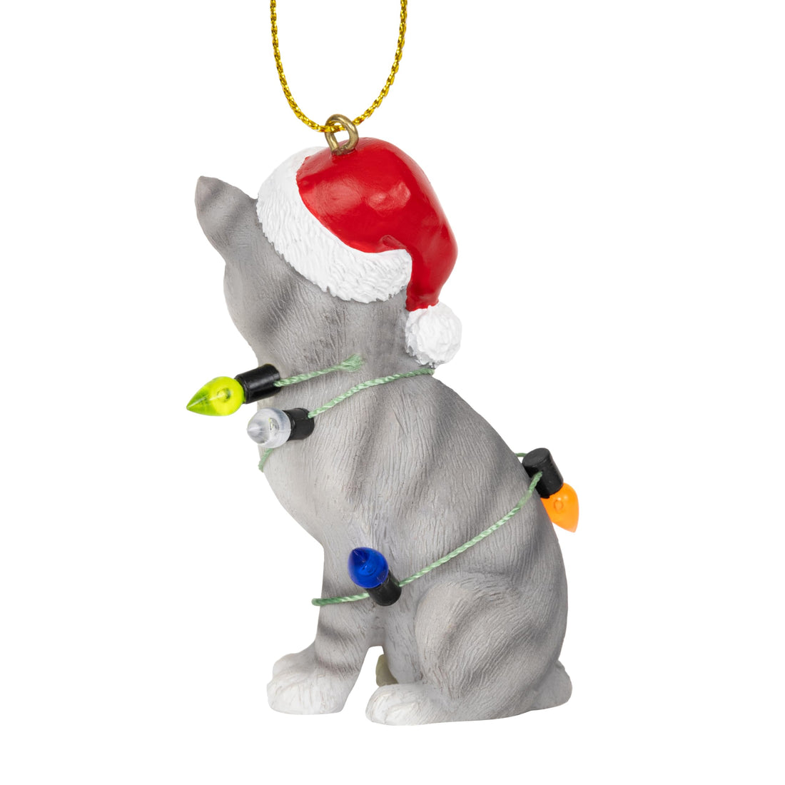 Gray Silver Tabby Cat Christmas Tree Ornament with Santa Hat Wrapped in Christmas Tree Colored Lights