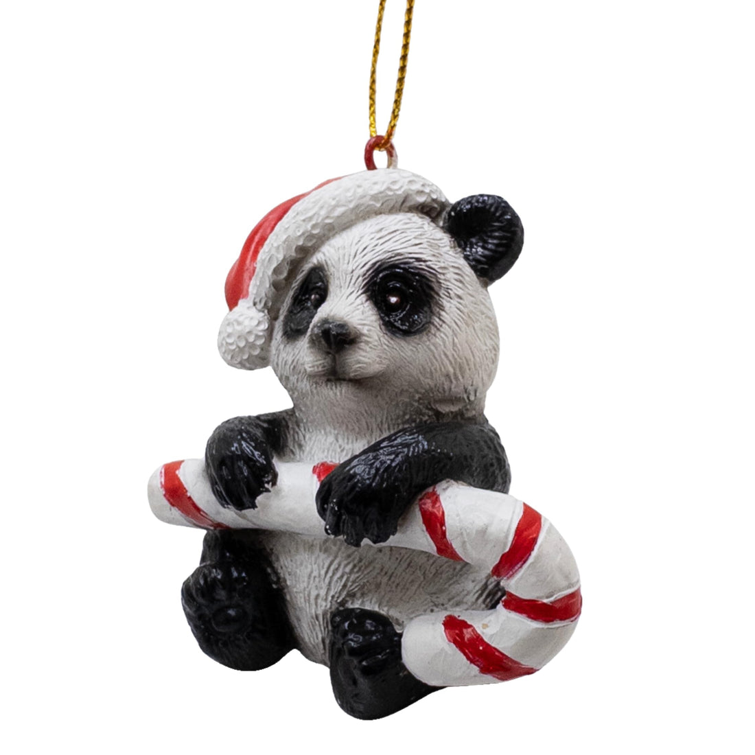 Panda Bear Holding Candy Cane Wearing Santa Hat Christmas Tree Ornament