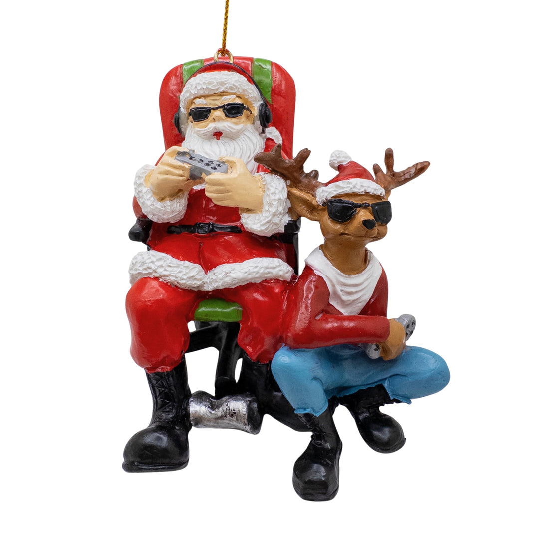 Gamer Santa Claus in Gaming Chair with Reindeer Playing Video Game Christmas Tree Ornament