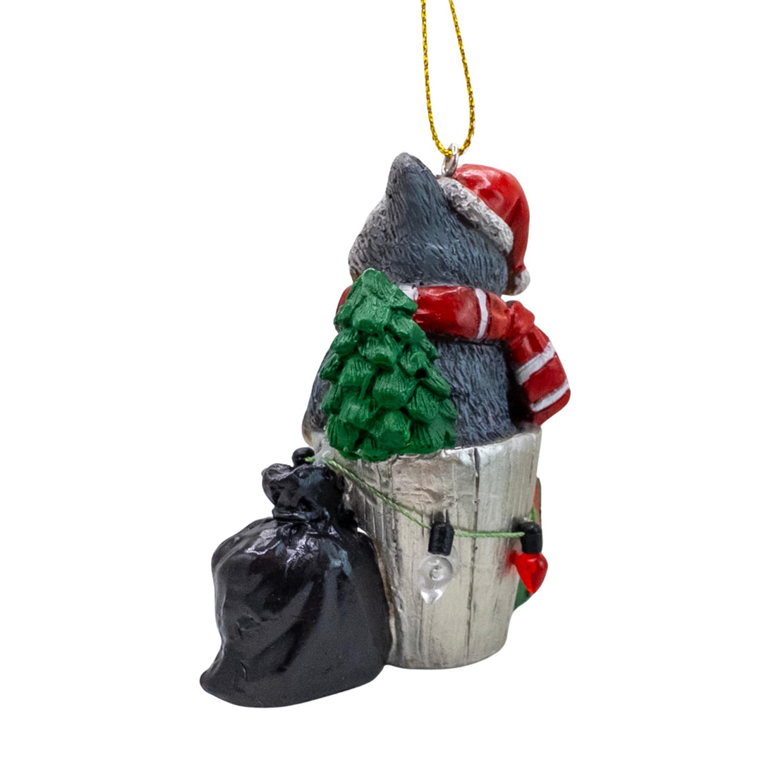 Racoon Celebrating Holidays with Lights Presents Trash Can Christmas Tree Ornament