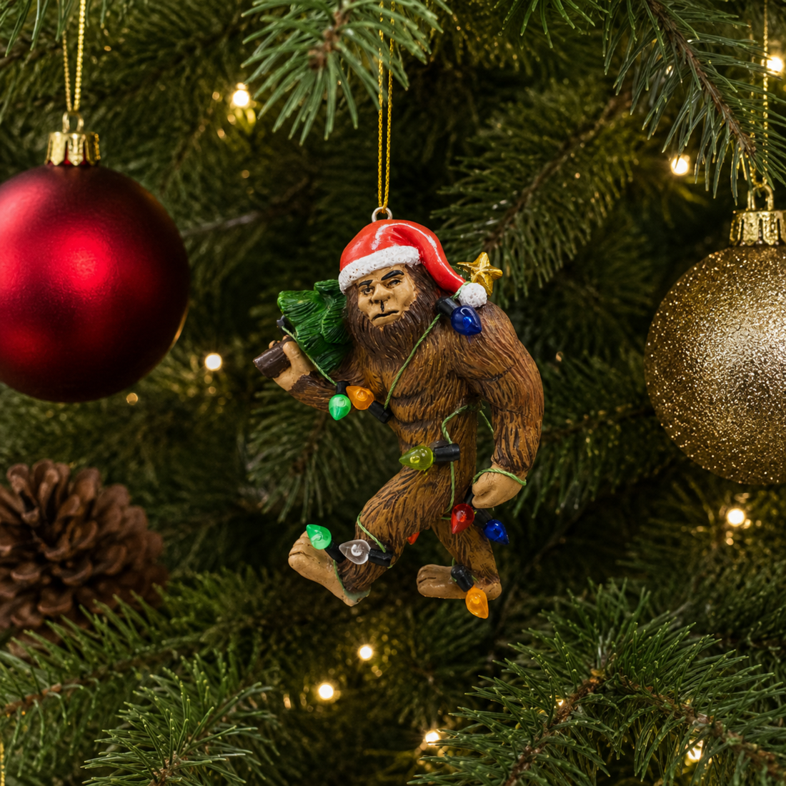 Bigfoot with Christmas Tree Wrapped in Lights