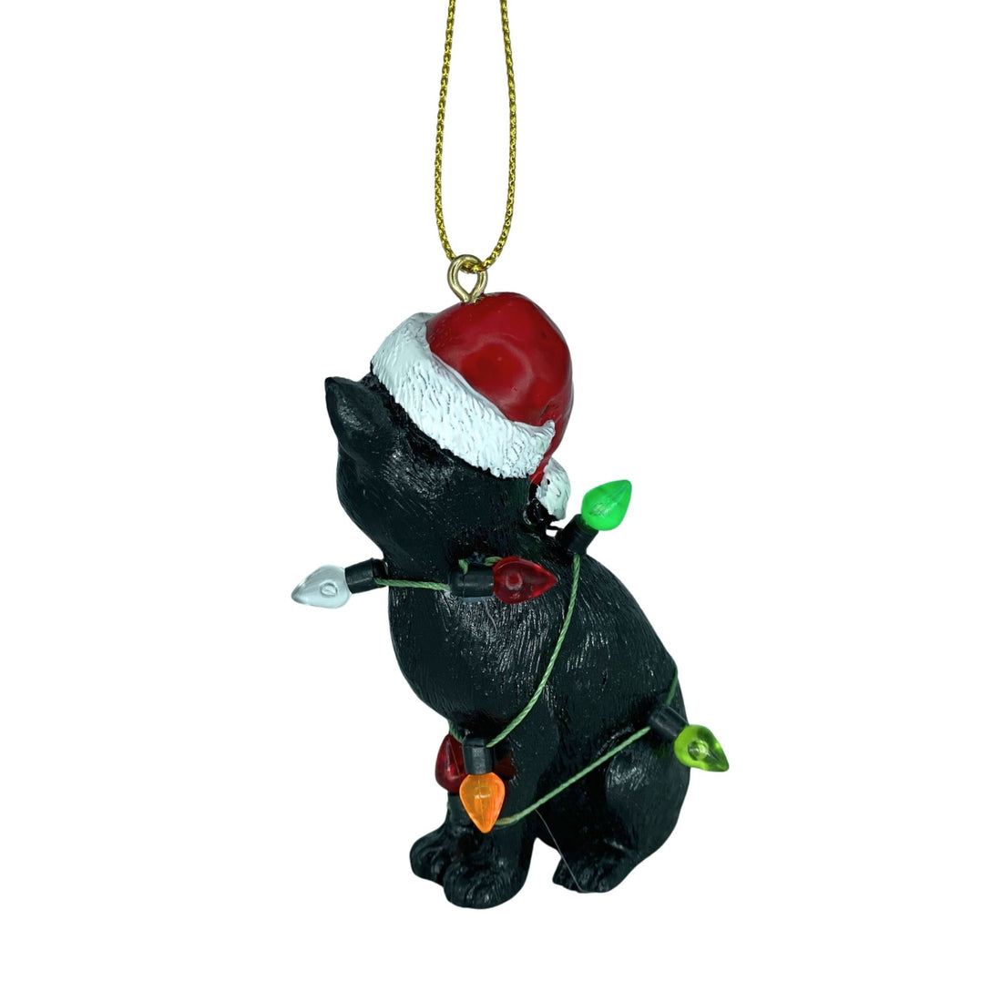 Black Cat with Santa Hat Wrapped in Lights