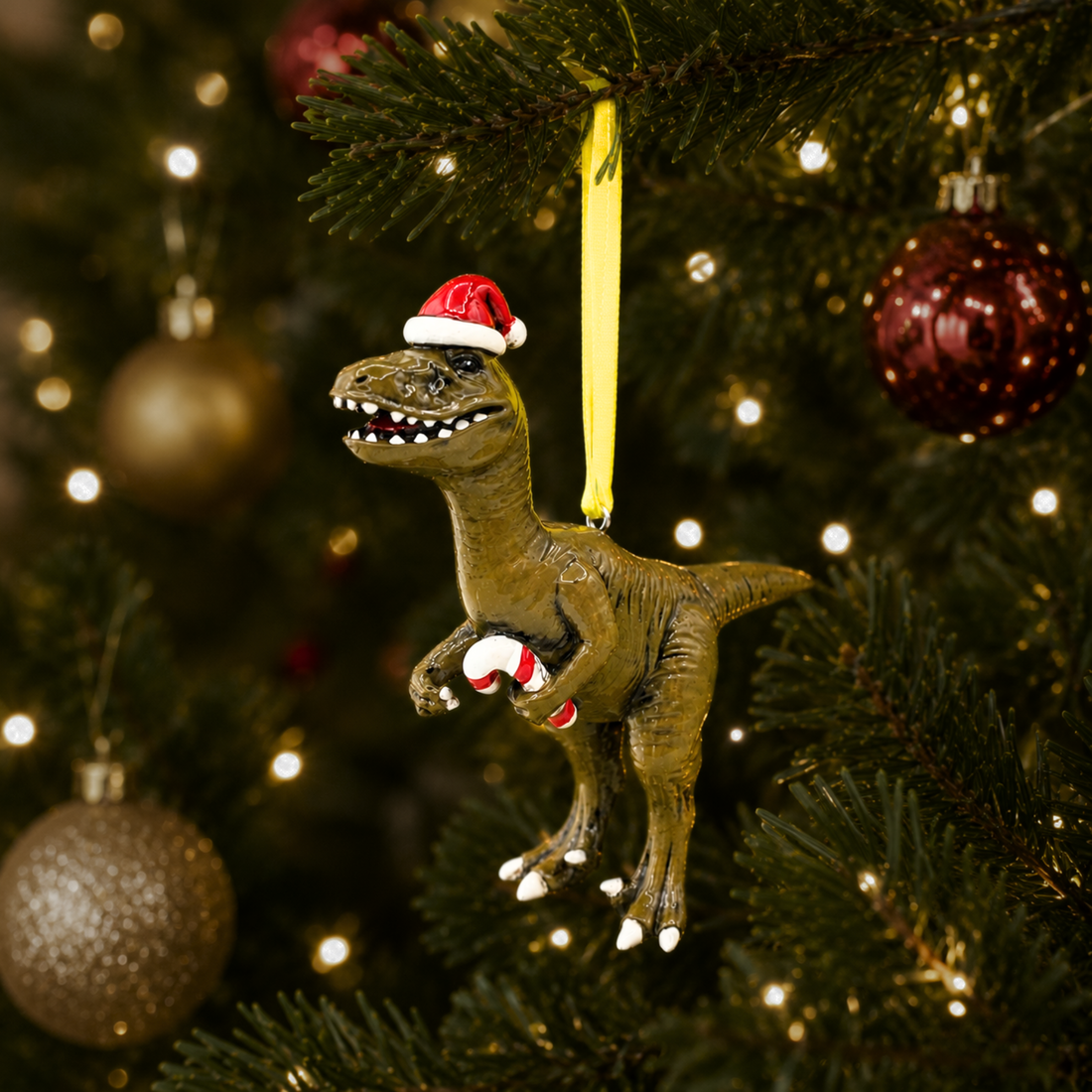 Dinosaur Holding a Candy Cane