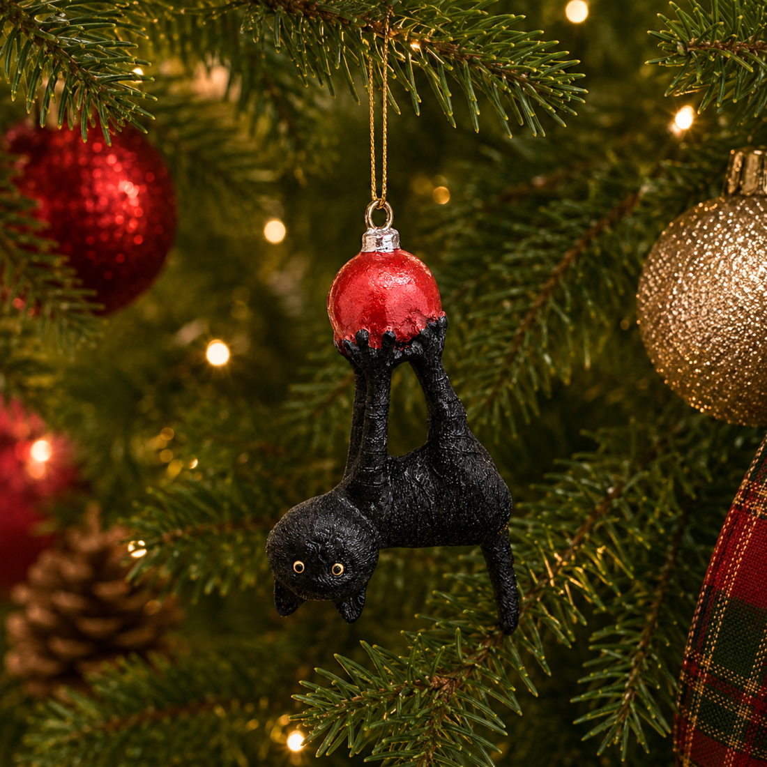 Black Cat Hanging from Bulb
