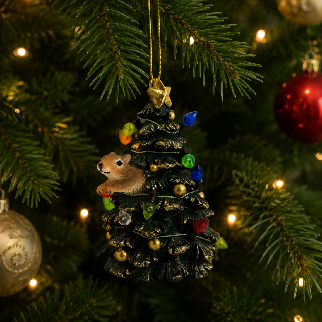 Squirrel Jumping from Tree Wrapped in Lights