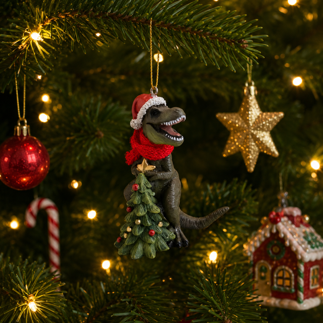 Dinosaur Putting Star on Tree