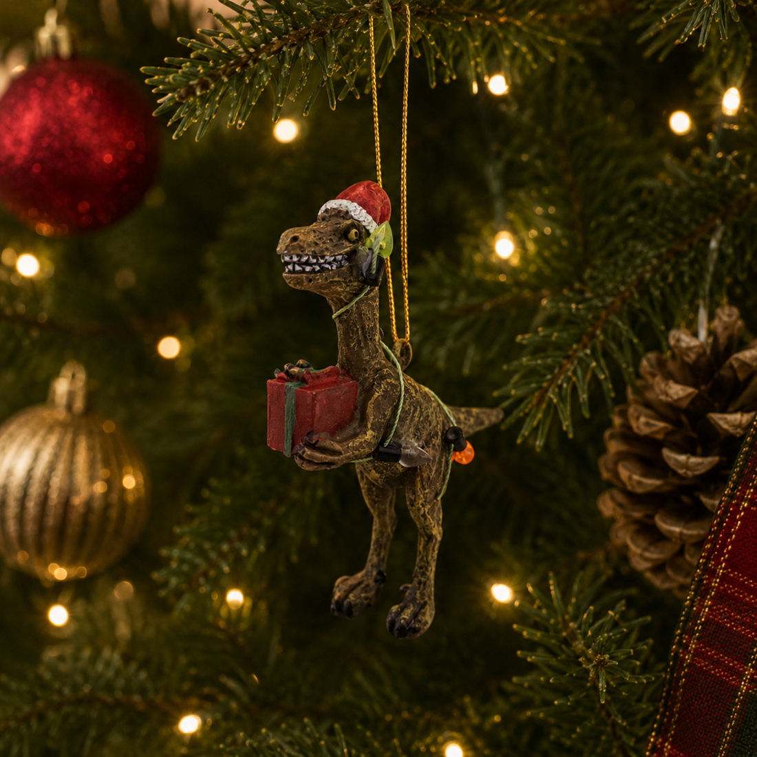 Raptor Dinosaur with Gift Wrapped in Lights