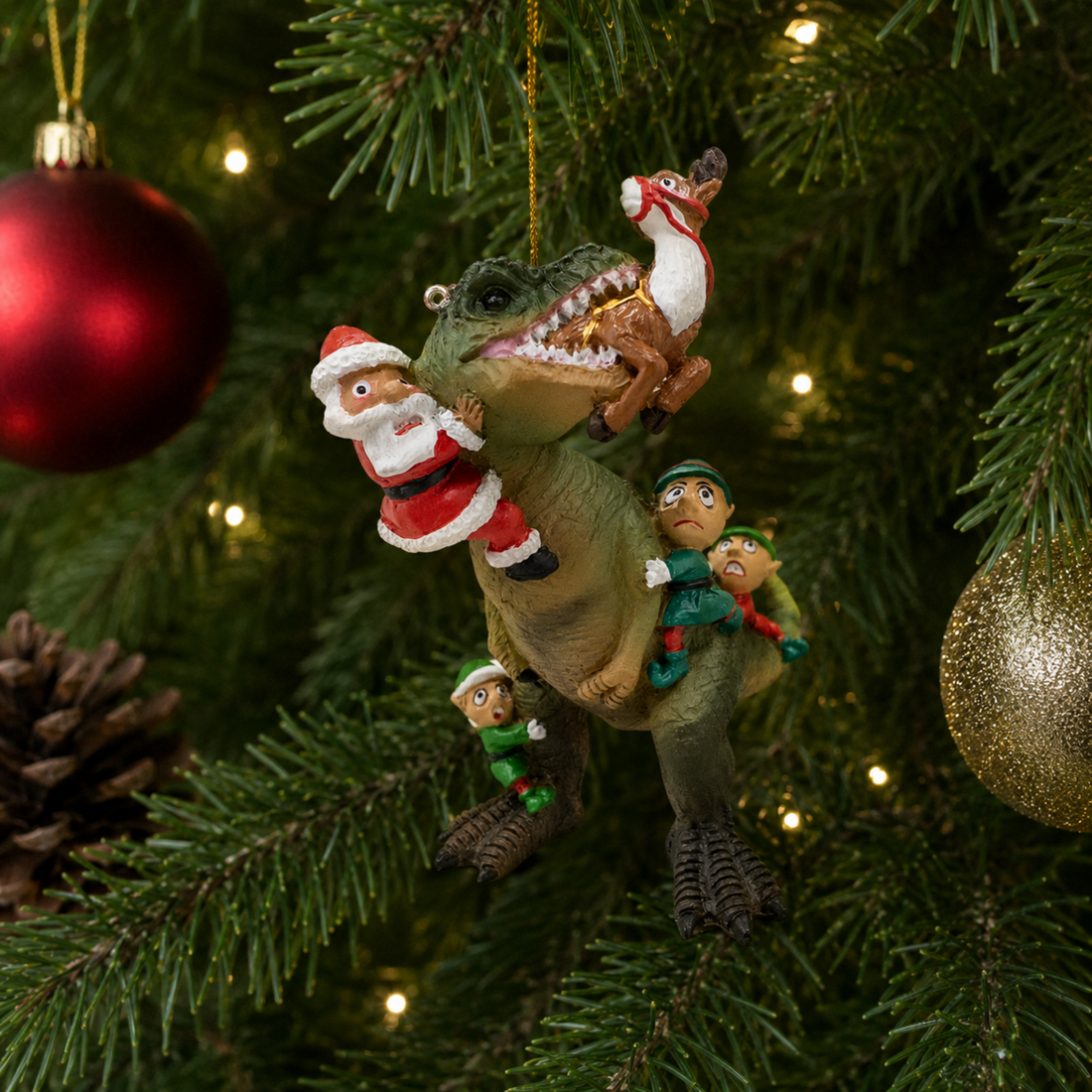 Santa & Elves Saving Reindeer from Dinosaur