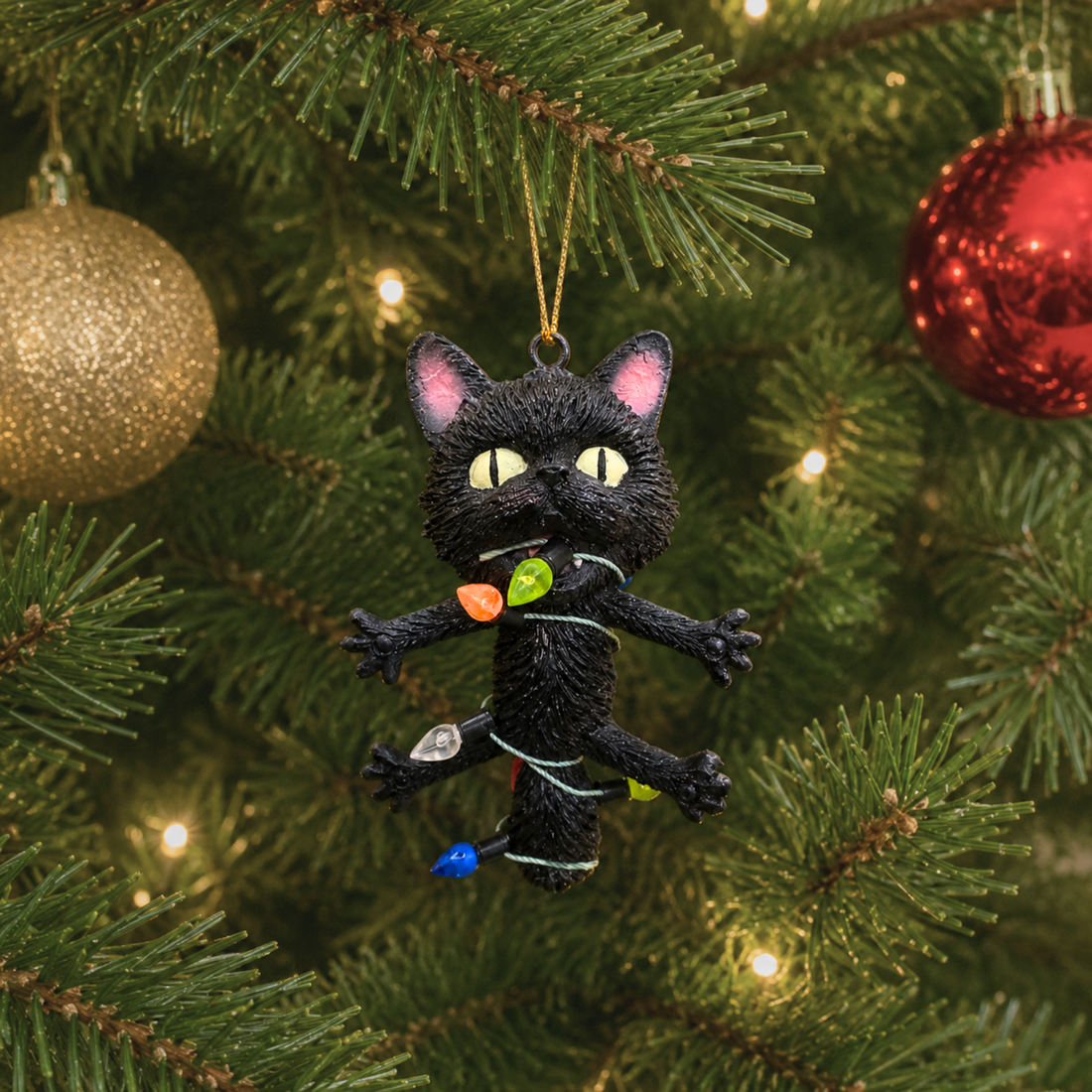 Shocked Black Cat Wrapped in Lights
