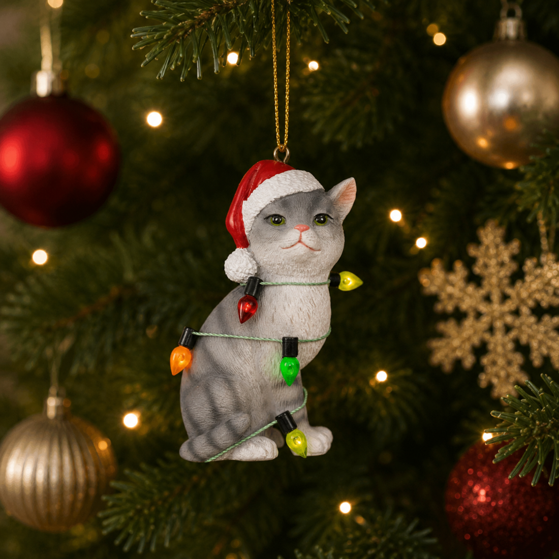 Gray Tabby Cat Wrapped in Lights