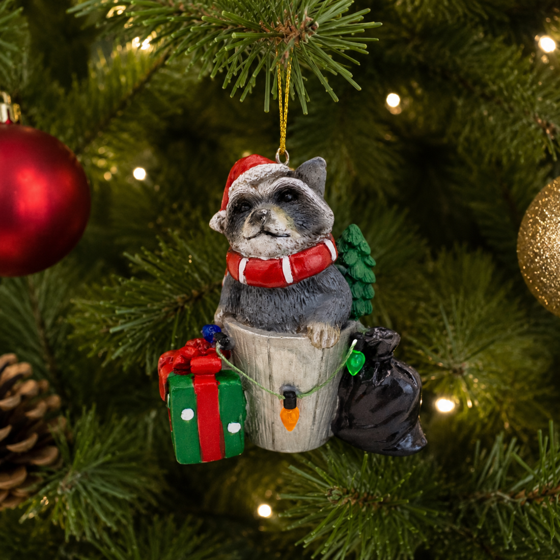 Trash Can Raccoon Wrapped in Lights