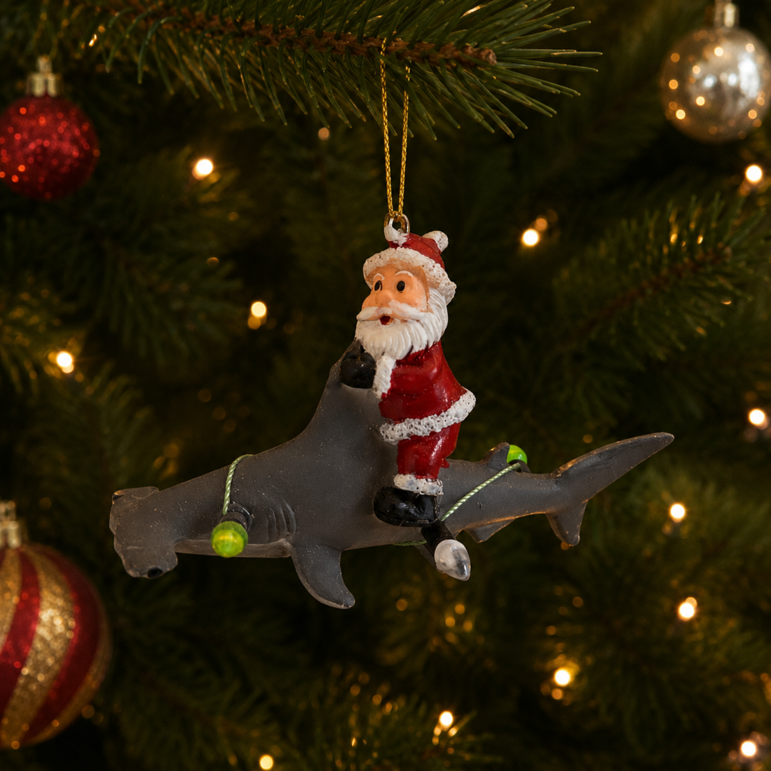 Santa Riding Hammerhead Shark Wrapped in Lights