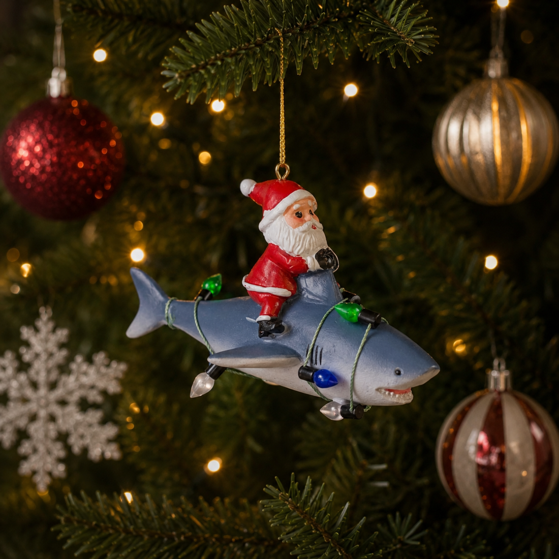 Santa Riding Shark Wrapped in Lights