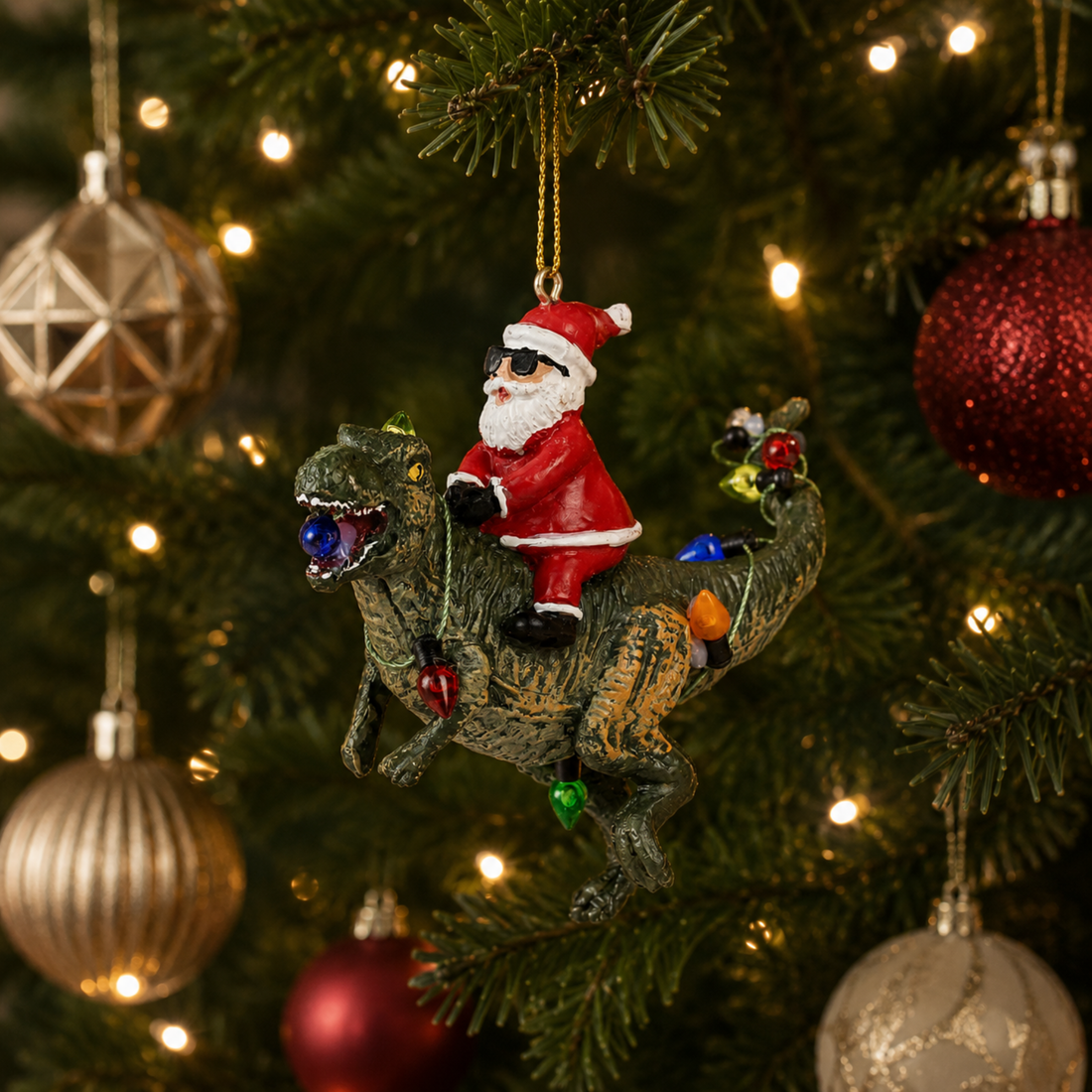 Santa in Sunglasses Riding T. rex