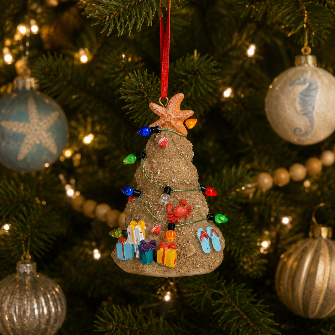 Tan Sand Christmas Tree Wrapped in Lights
