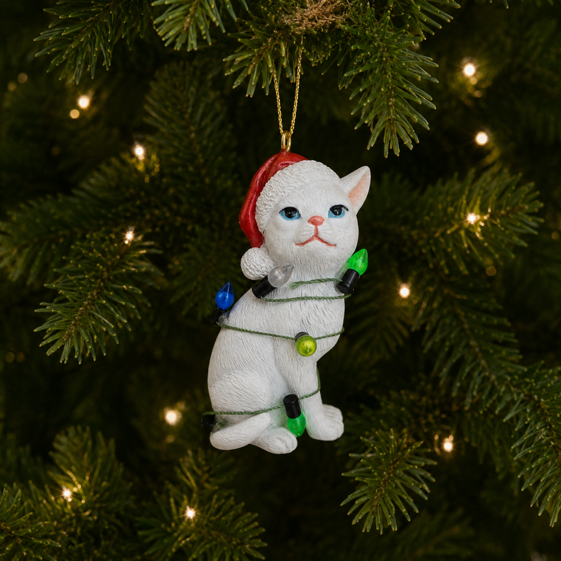White Cat with Santa Hat Wrapped in Lights