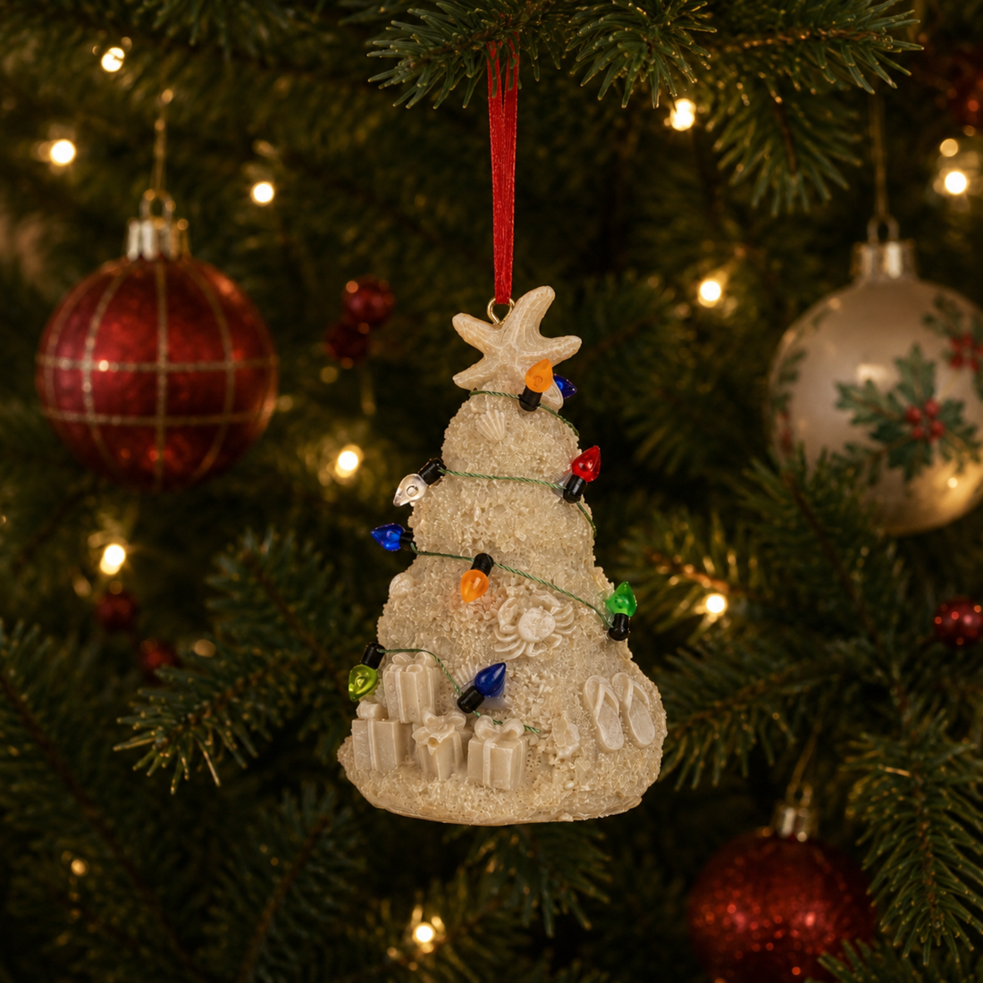 White Sand Christmas Tree Wrapped in Lights